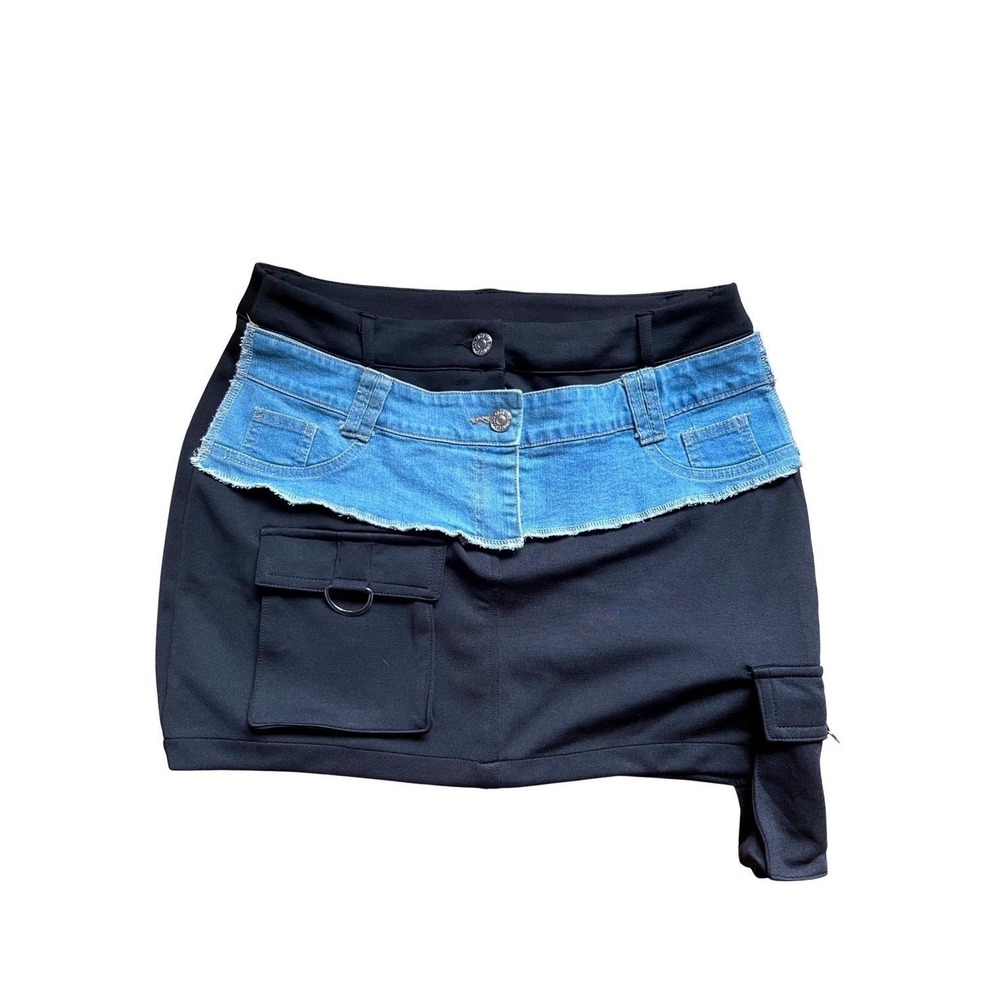 Lizette Collection Y2K Black Cargo Mini Skirt Denim Pocket Asymmetrical M